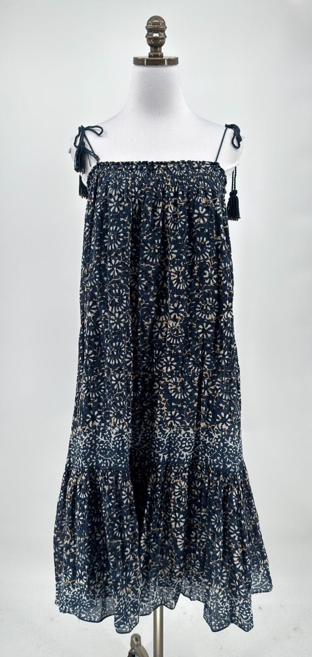 Ulla Johnson Eugenia Azul Blue Woven Smocked Tassel Tie Straps Midi Dress Sz 4